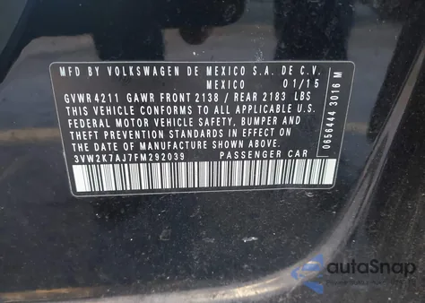 2015 Volkswagen Jetta 2.0L S из США, поврежденный, VIN 3VW2K7AJ7FM292039